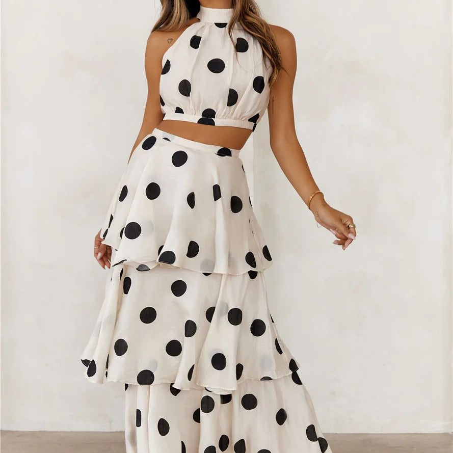 Woman set polka dots halter top and long skirt ruffles - Keyla