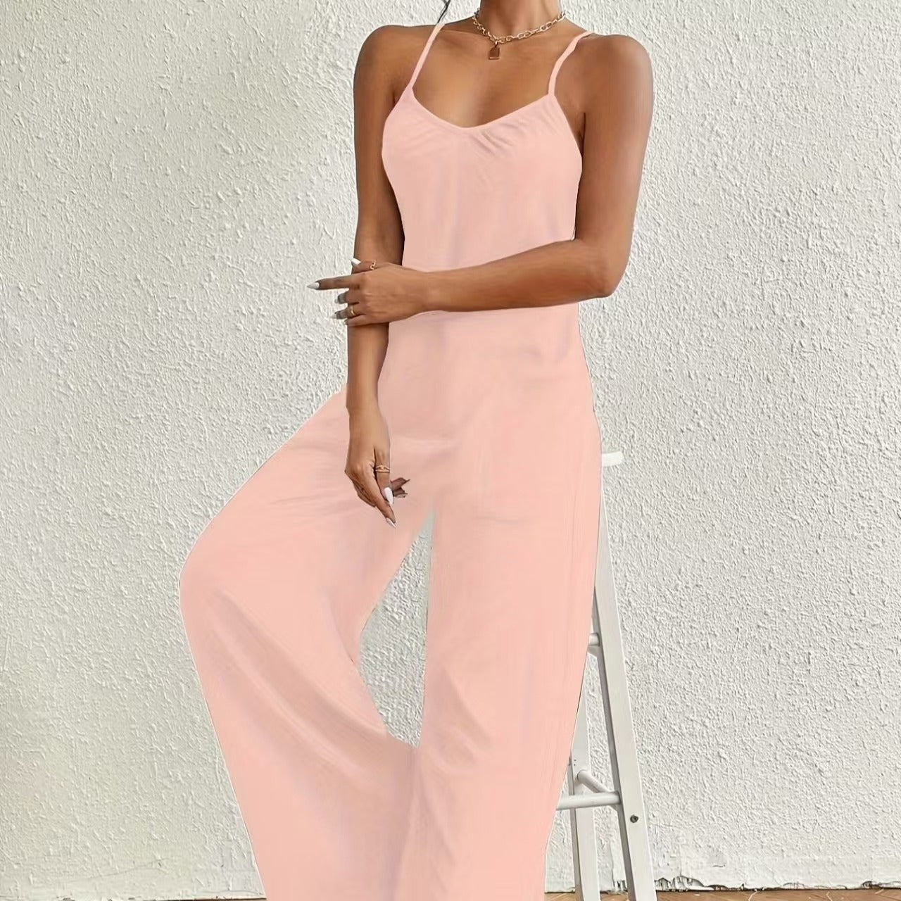 Women's long jumpsuit with thin straps, fluid style, draped neckline - Clare