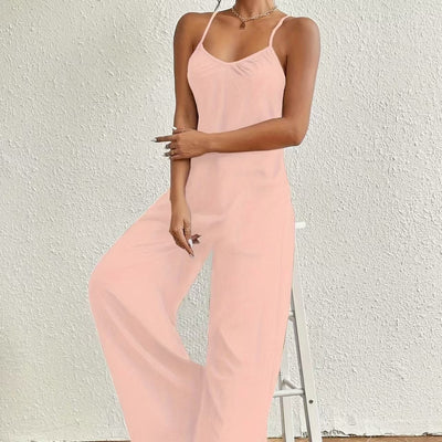 Women's long jumpsuit with thin straps, fluid style, draped neckline - Clare