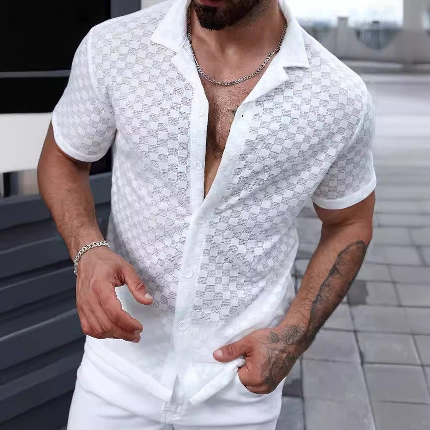 Men's short sleeve semi-transparent shirt with checkered pattern - Giulio
