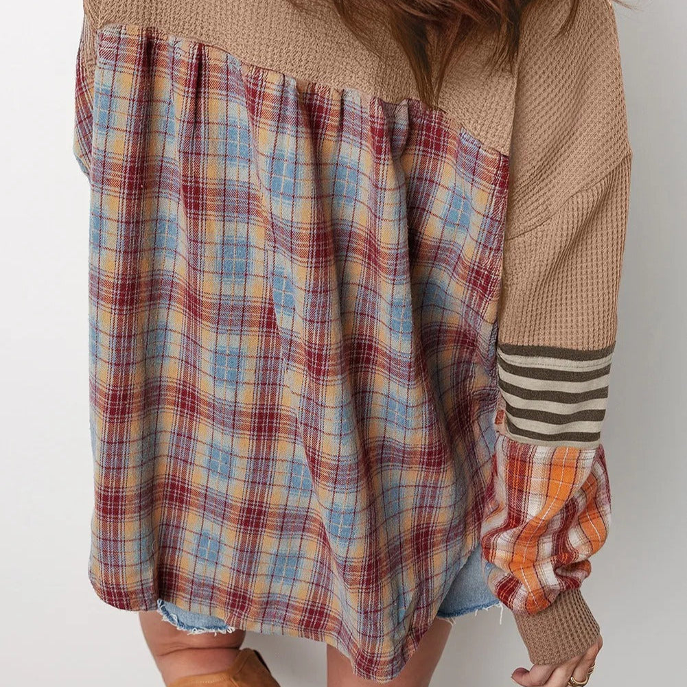Women's patchwork style sweatshirt with striped and checked sleeves - Leona