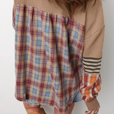 Women's patchwork style sweatshirt with striped and checked sleeves - Leona