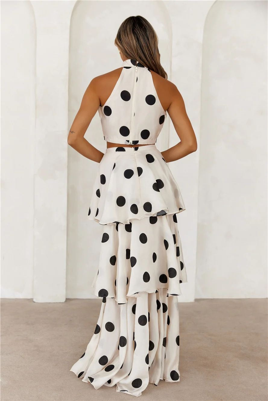 Woman set polka dots halter top and long skirt ruffles - Keyla