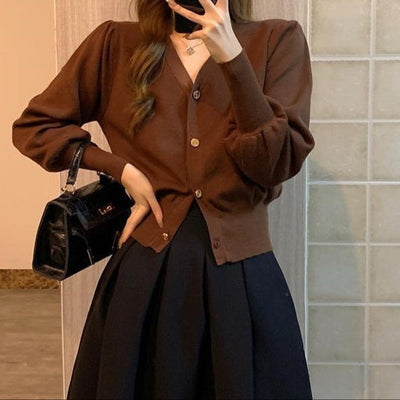 Women's retro style V-neck puffed sleeve cardigan - Odile