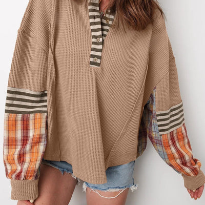 Women's patchwork style sweatshirt with striped and checked sleeves - Leona