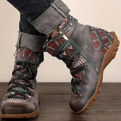 Women's ethnic style ankle boots with laces and zipper - Tribal