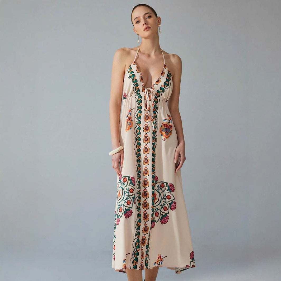 Long dress halter neckline floral embroidery - Elara