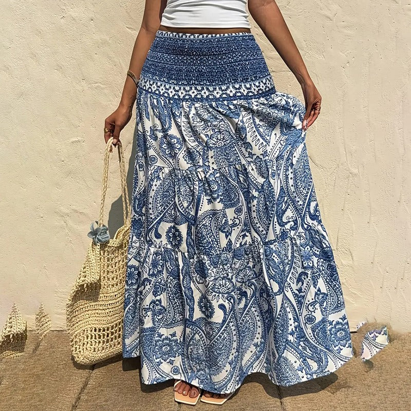 Women's long skirt with elastic waist, bohemian print - Éloise