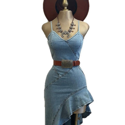Asymmetric denim dress with thin straps and side ruffle - Elira