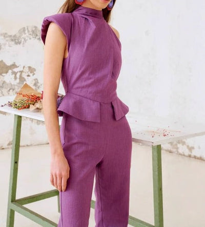 Women's sleeveless peplum jumpsuit lilac turtleneck - Oriane