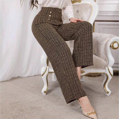 Women's high rise tweed pants with decorative buttons - Noémie