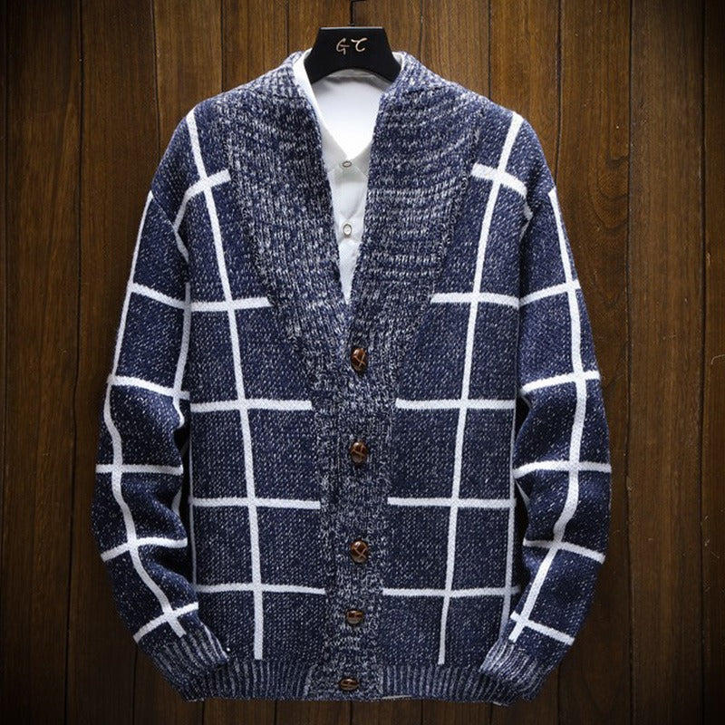 Plaid knitted cardigan with lapel - Adrien