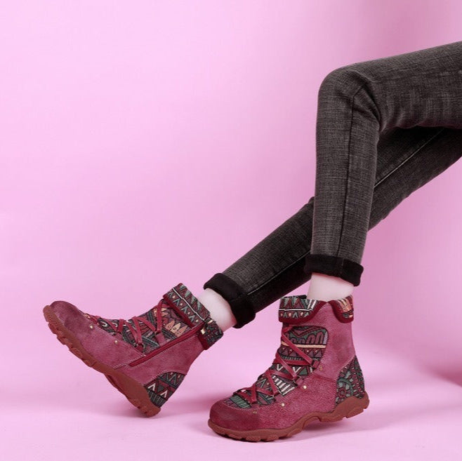 Women's ethnic style ankle boots with laces and zipper - Tribal