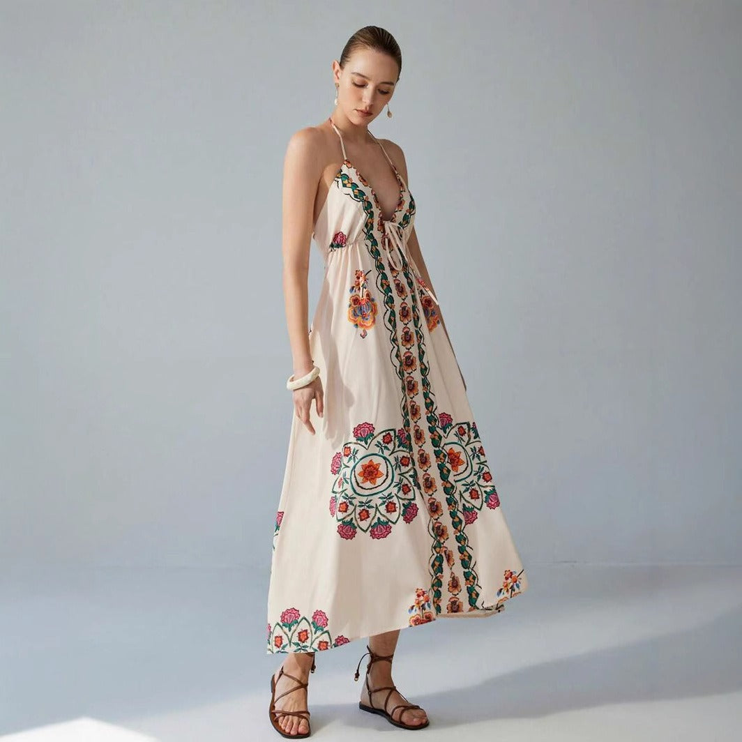 Long dress halter neckline floral embroidery - Elara