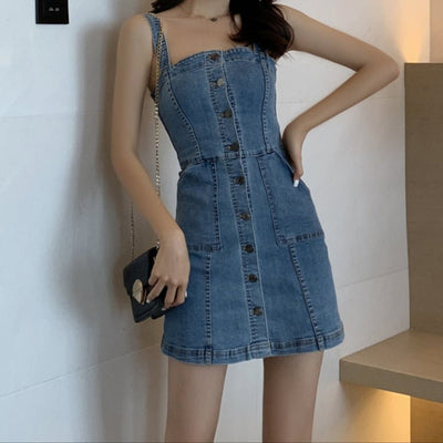 Short denim dress with buttons and tight straps - Ninfa