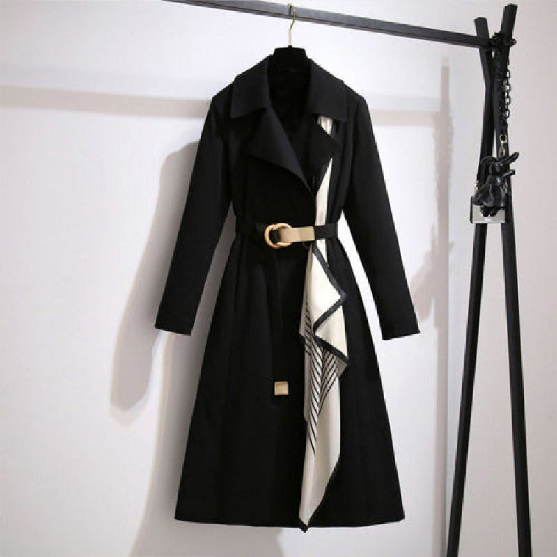 Women's long coat classic cut with belt and decorative scarf - Sarah