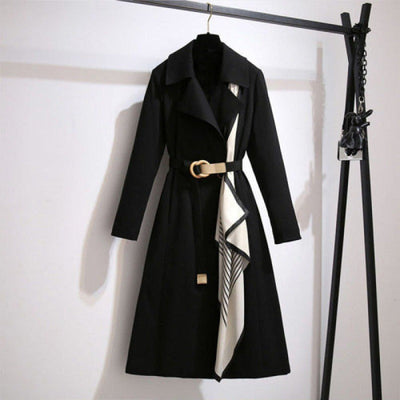 Women's long coat classic cut with belt and decorative scarf - Sarah