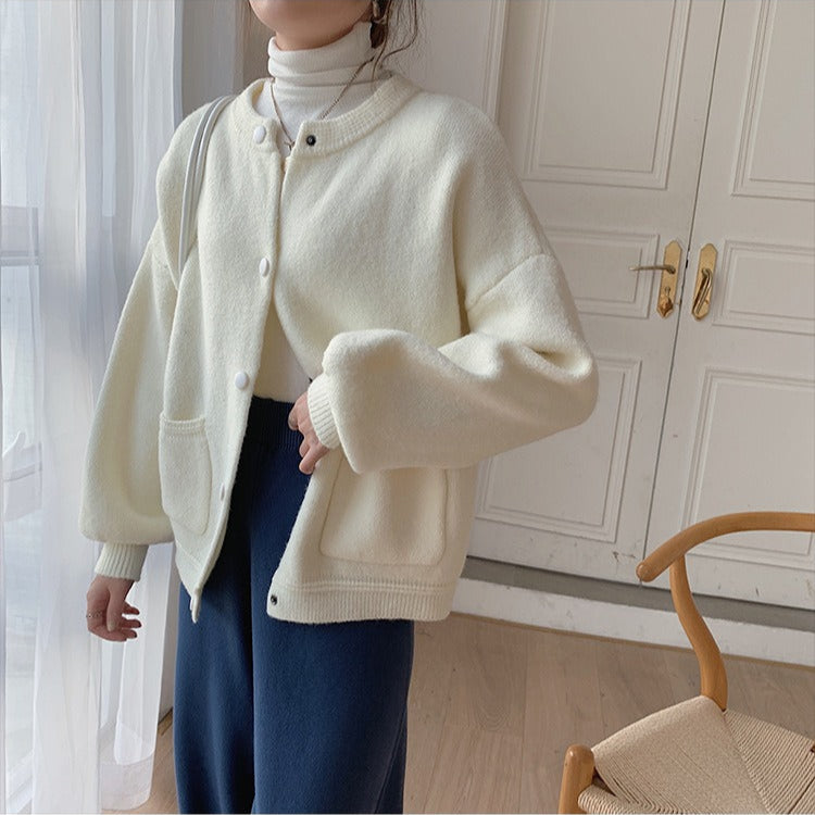 Women's knitted cardigan round neck snap closure - Clémence