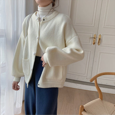 Women's knitted cardigan round neck snap closure - Clémence