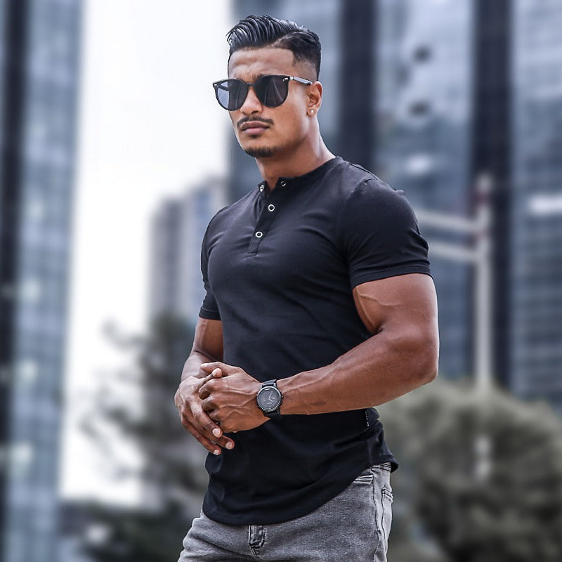 Men's short sleeve button-down T-shirt with round neck - Luis