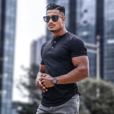 Men's short sleeve button-down T-shirt with round neck - Luis