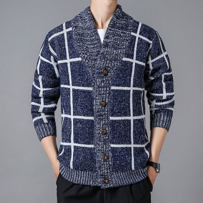 Plaid knitted cardigan with lapel - Adrien