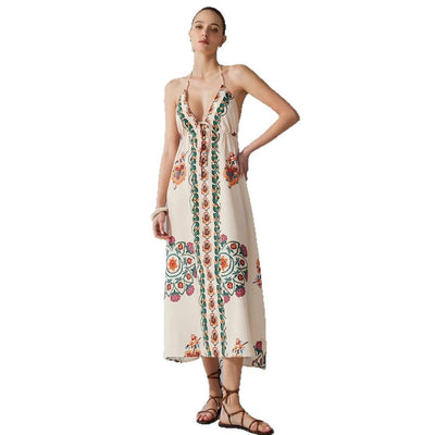 Long dress halter neckline floral embroidery - Elara
