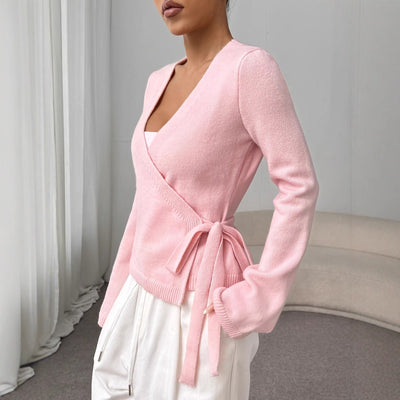 Knitted crossover sweater with bow - Léonie