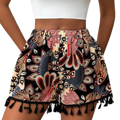 Women's high waisted shorts with tassel bohemian print - Naïra