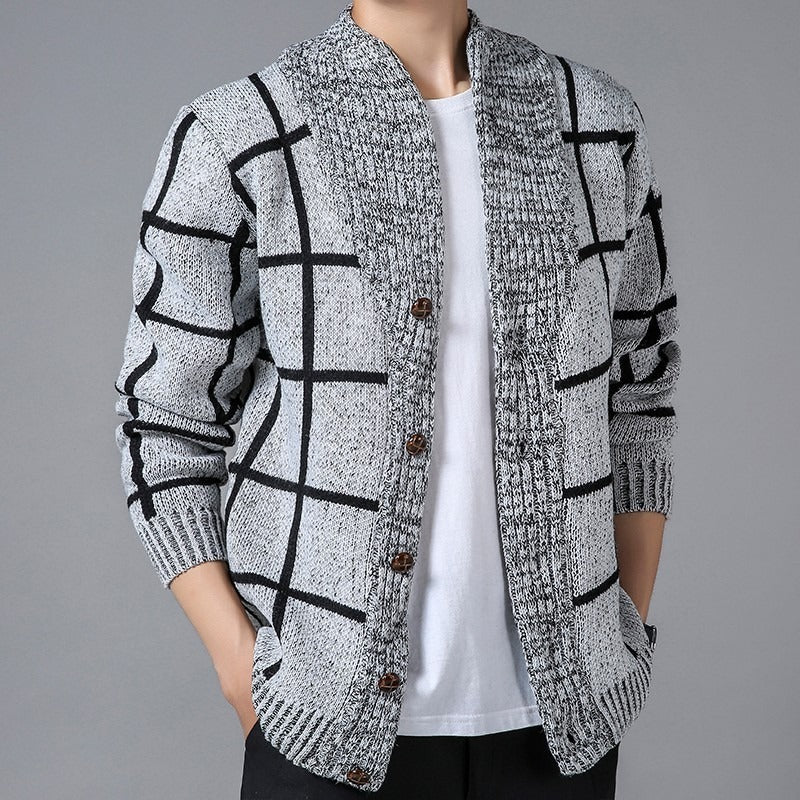 Plaid knitted cardigan with lapel - Adrien