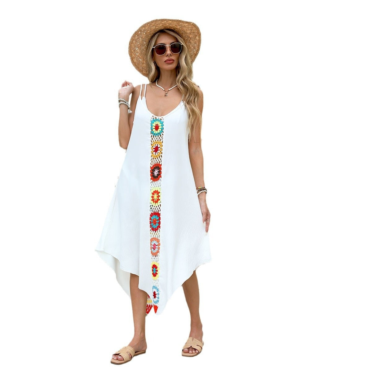 Bohemian midi dress with front embroidered straps - Nayeli