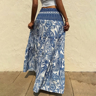 Women's long skirt with elastic waist, bohemian print - Éloise