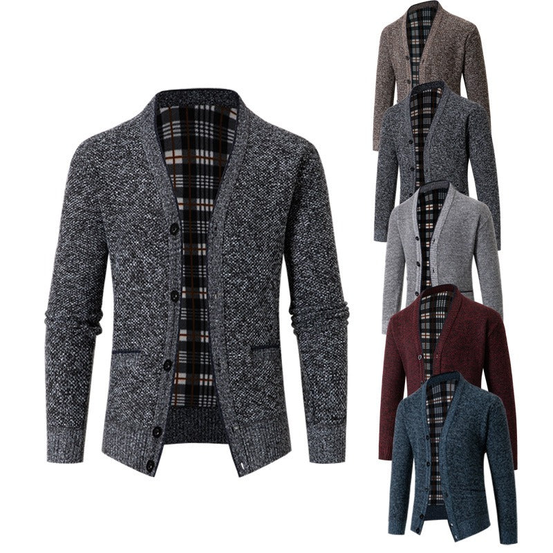 Men's knitted cardigan with tartan lining, casual style - Morten
