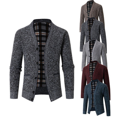 Men's knitted cardigan with tartan lining, casual style - Morten