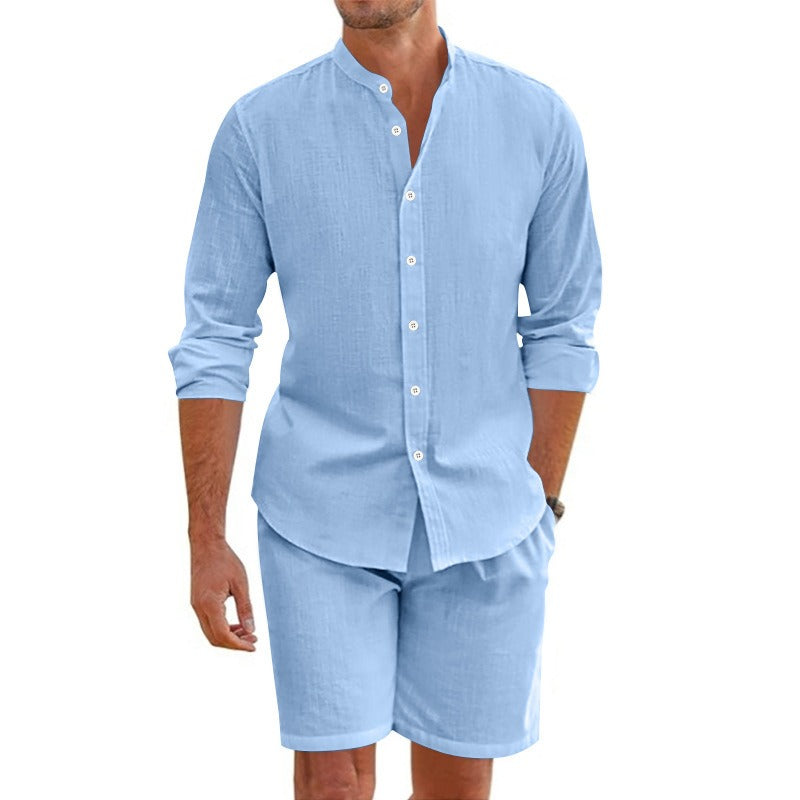 Men's linen set, long sleeve casual mao collar - Terry