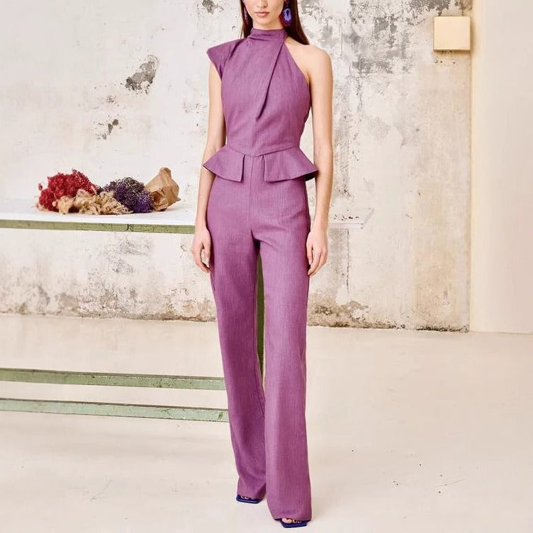 Women's sleeveless peplum jumpsuit lilac turtleneck - Oriane
