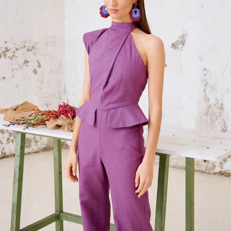Women's sleeveless peplum jumpsuit lilac turtleneck - Oriane