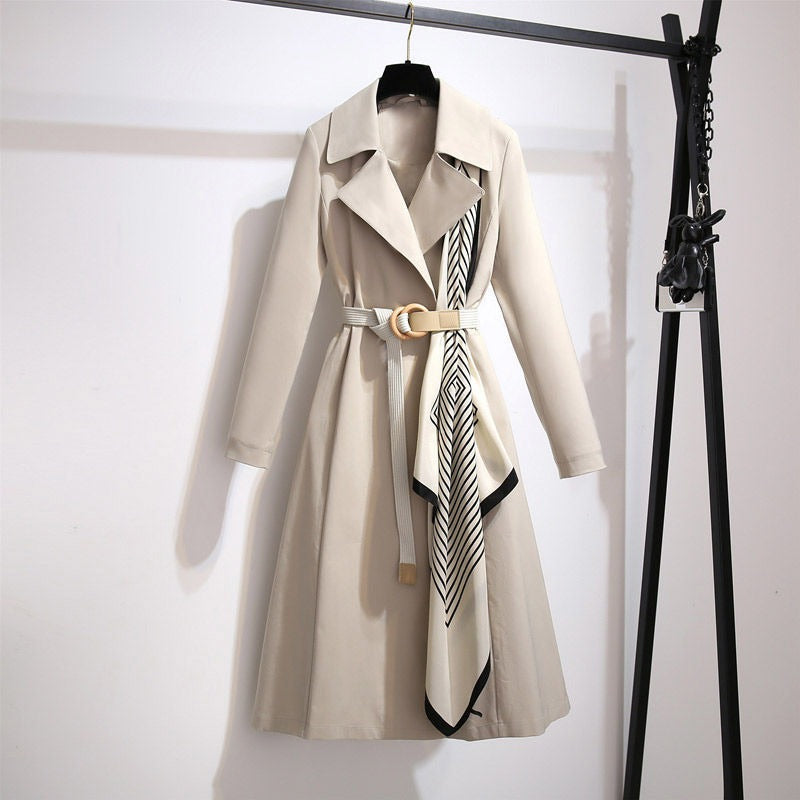 Women's long coat classic cut with belt and decorative scarf - Sarah