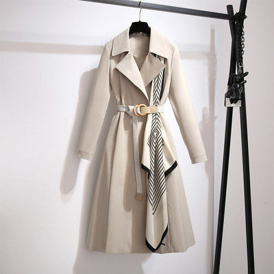 Women's long coat classic cut with belt and decorative scarf - Sarah