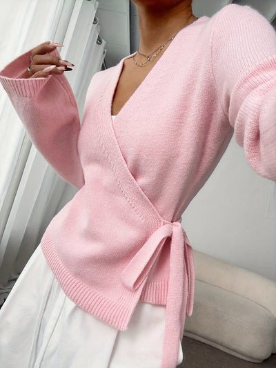 Knitted crossover sweater with bow - Léonie