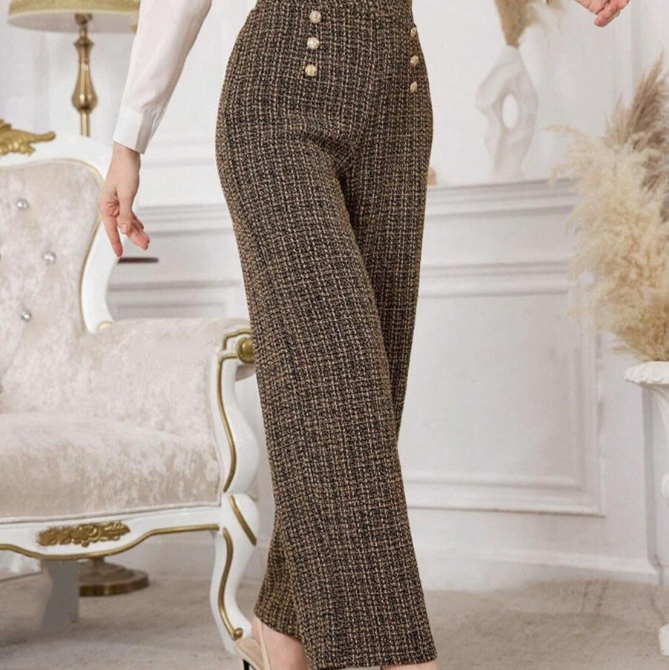Women's high rise tweed pants with decorative buttons - Noémie