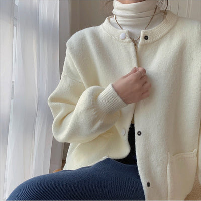 Women's knitted cardigan round neck snap closure - Clémence