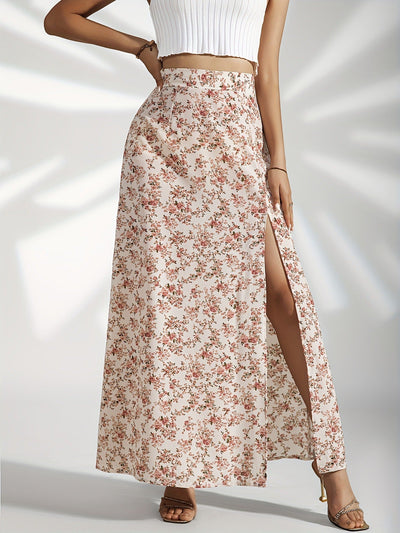 Women's long floral skirt with side slit - Light blue