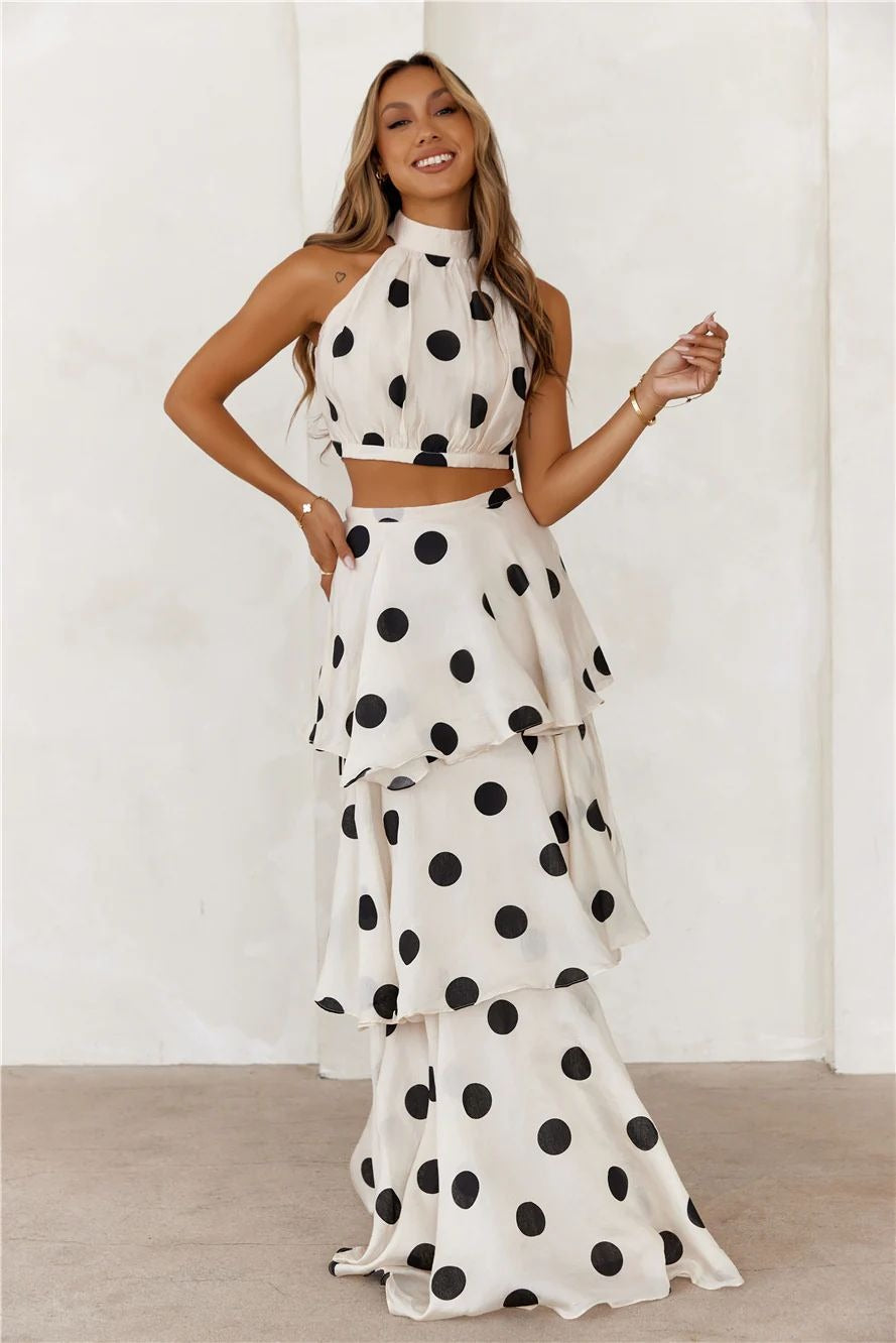 Woman set polka dots halter top and long skirt ruffles - Keyla