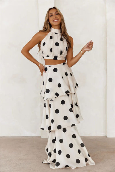 Woman set polka dots halter top and long skirt ruffles - Keyla