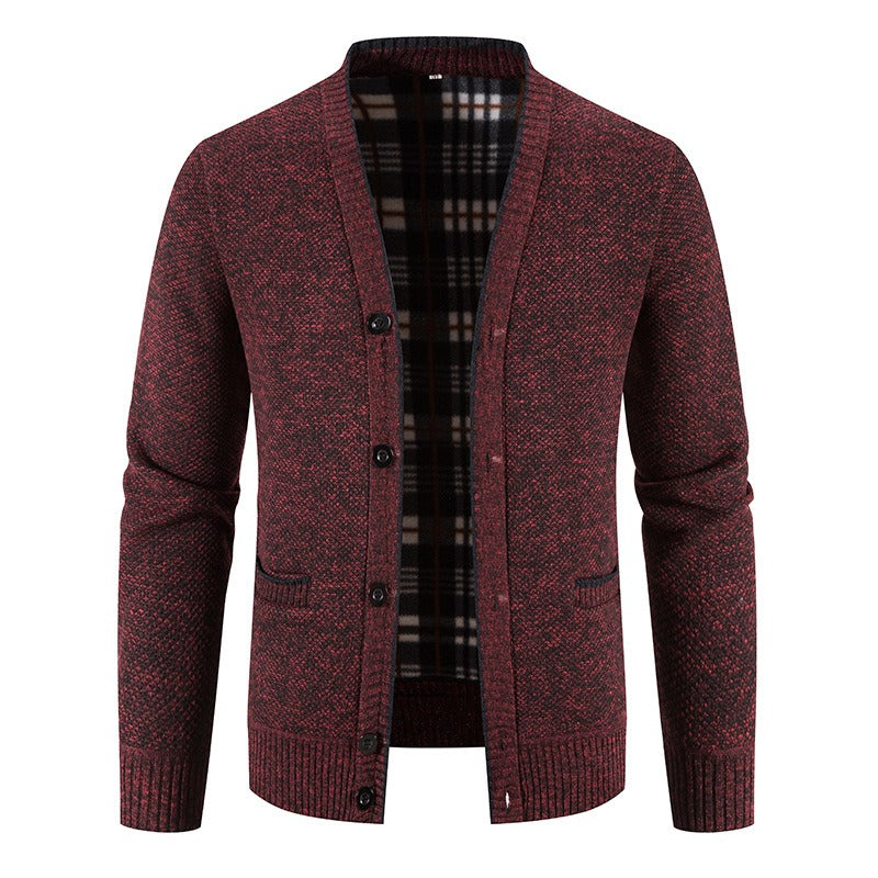 Men's knitted cardigan with tartan lining, casual style - Morten