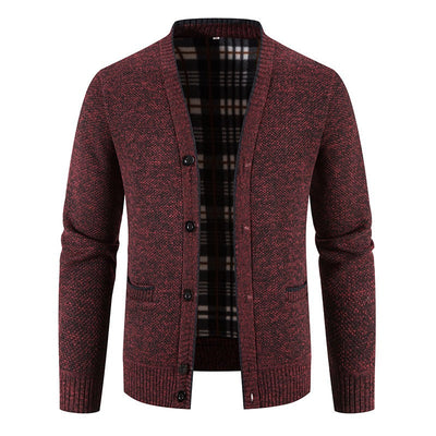 Men's knitted cardigan with tartan lining, casual style - Morten