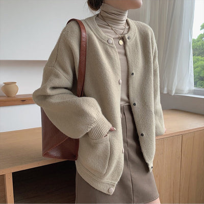 Women's knitted cardigan round neck snap closure - Clémence