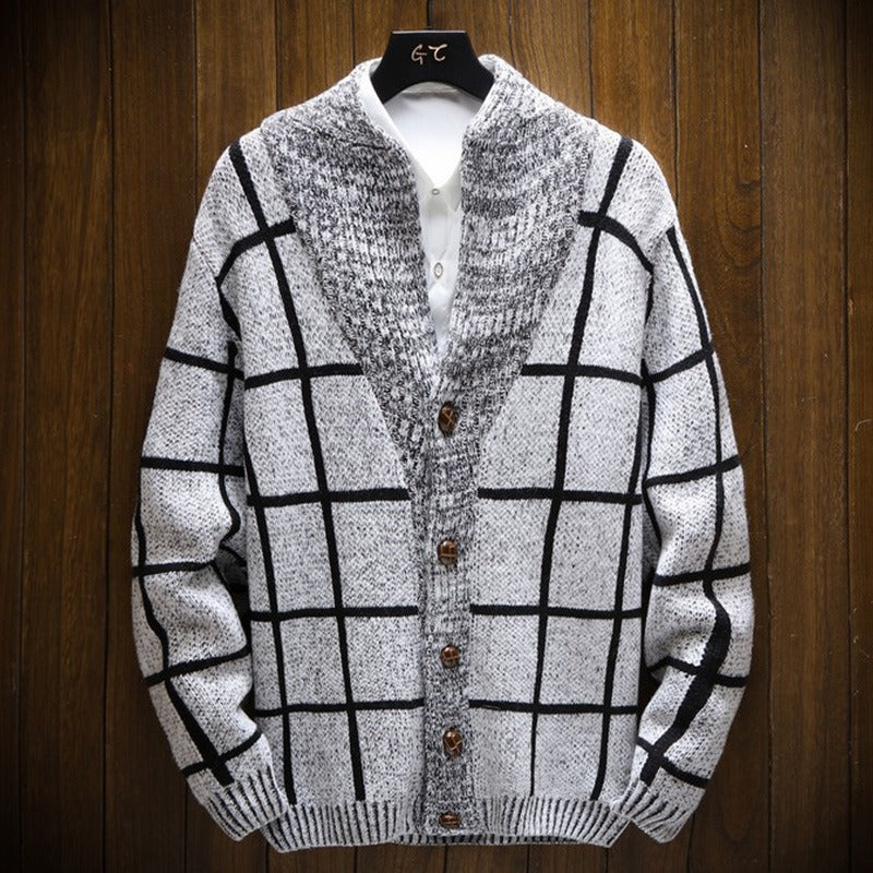 Plaid knitted cardigan with lapel - Adrien