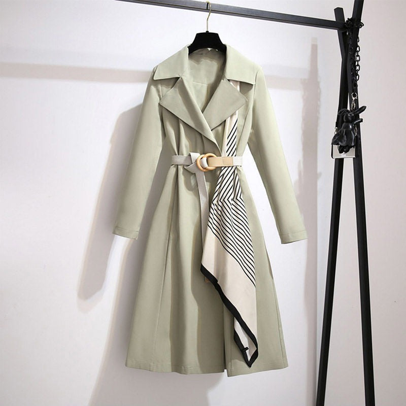 Women's long coat classic cut with belt and decorative scarf - Sarah